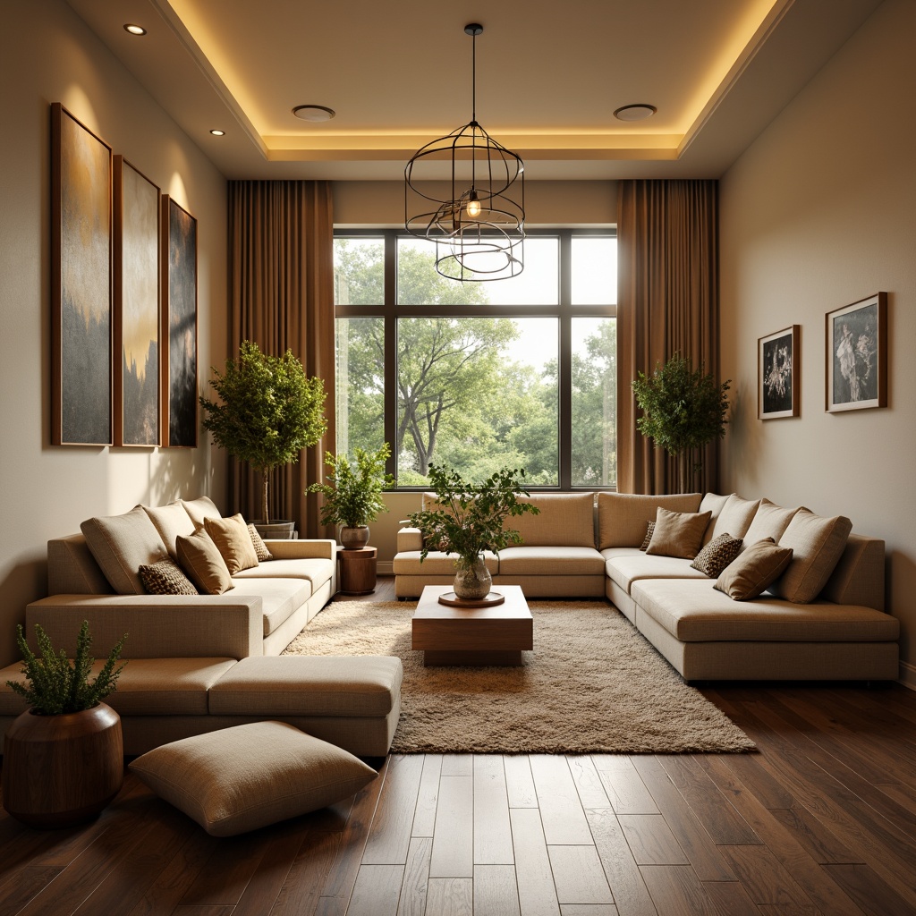 Prompt: Cozy living room, plush sofas, warm beige walls, rich wood flooring, soft golden lighting, comfortable throw pillows, modern minimalist decor, large windows, natural daylight, lush greenery views, elegant chandeliers, sophisticated color palette, calming atmosphere, shallow depth of field, 1/1 composition, realistic textures, ambient occlusion.