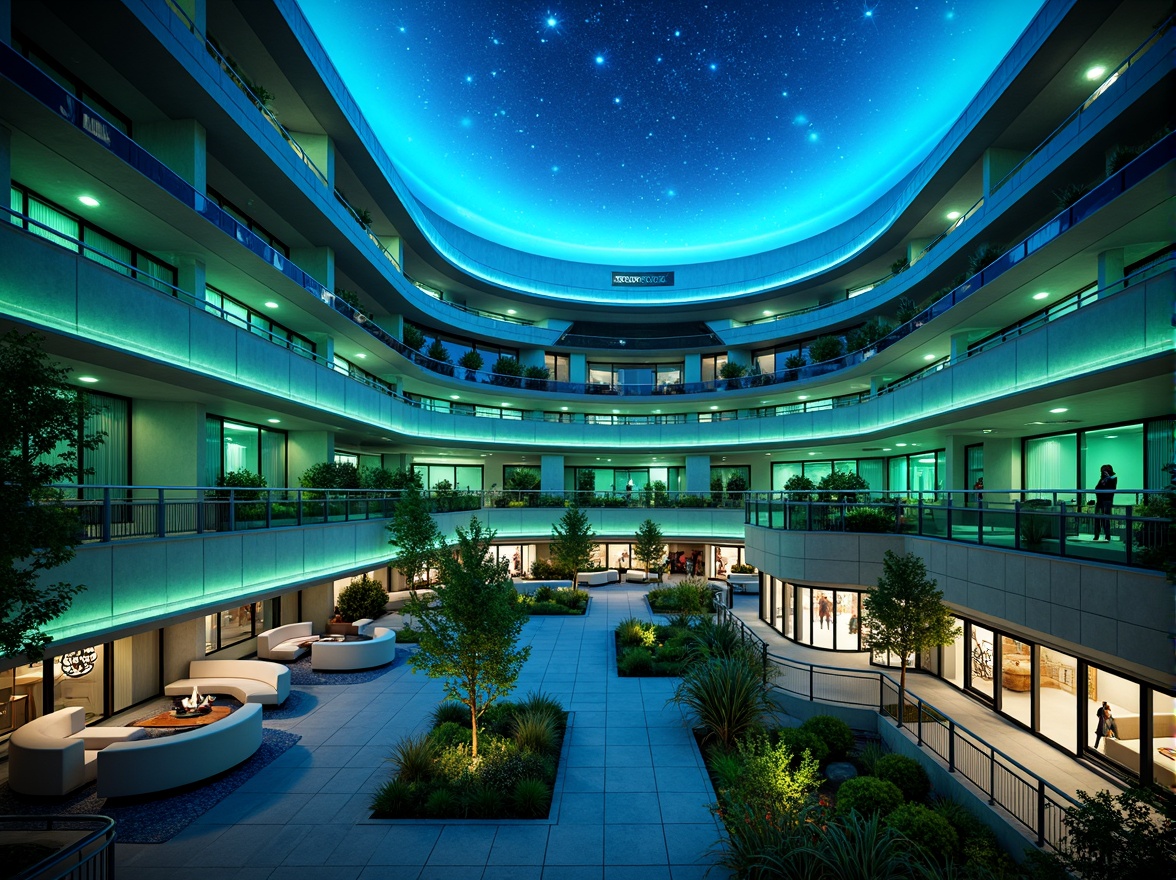 Prompt: Celestial planetarium, social housing complex, vibrant blue-green color scheme, neon-lit accents, futuristic architecture, curved lines, domed roofs, starry night sky, ambient lighting, soft glow, cozy communal spaces, minimalist furniture, sleek metal railings, glass balconies, urban cityscape, bustling streets, diverse community, inclusive design, accessible amenities, rooftop gardens, green roofs, solar panels, sustainable living, eco-friendly materials, innovative water management systems, shaded outdoor areas, misting systems, dynamic lighting effects, immersive experiences.