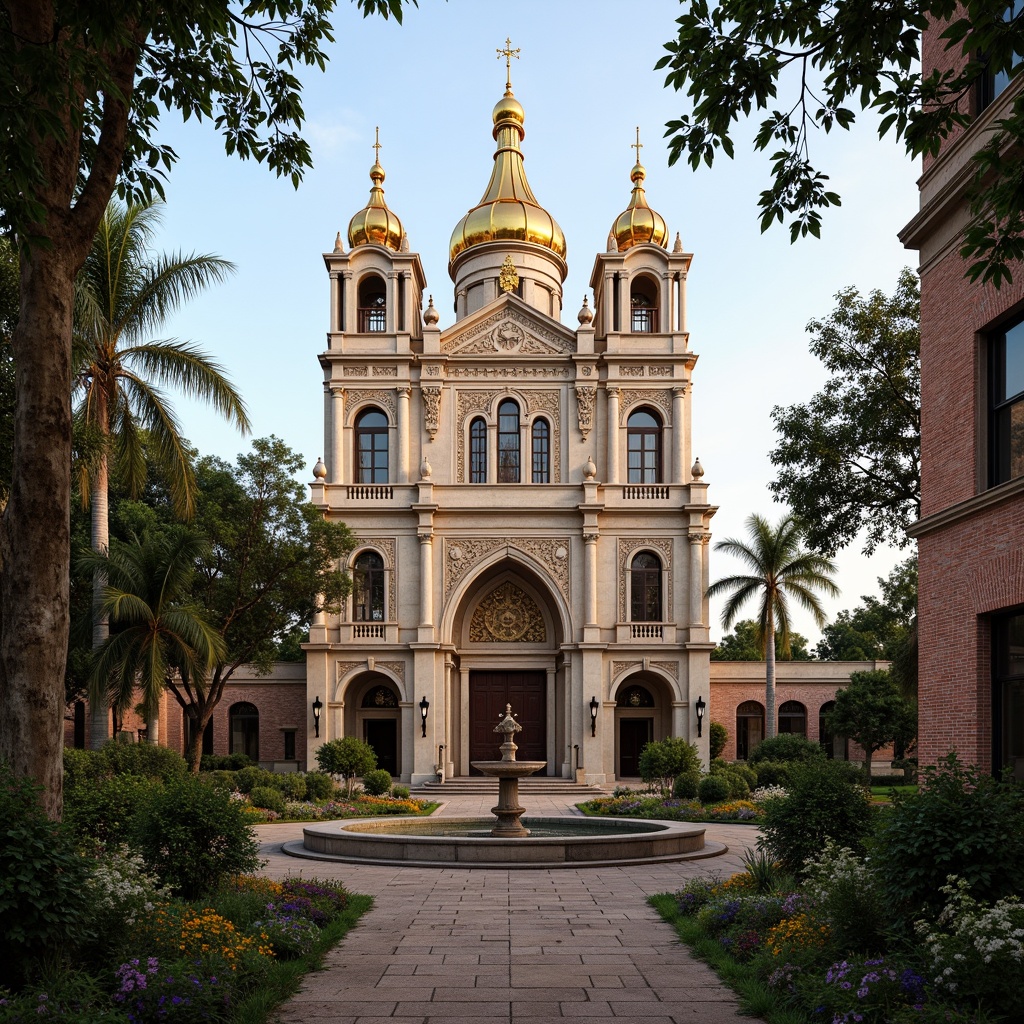 Prompt: Ornate Baroque church, grandiose facade, intricately carved stone details, stained glass windows, golden domes, lush greenery, serene courtyard, tranquil fountain, walking paths, ornamental statues, vibrant flowers, natural stone flooring, rustic brick walls, dramatic lighting, high contrast, 1/1 composition, symmetrical framing, warm color palette, soft focus, ambient occlusion.