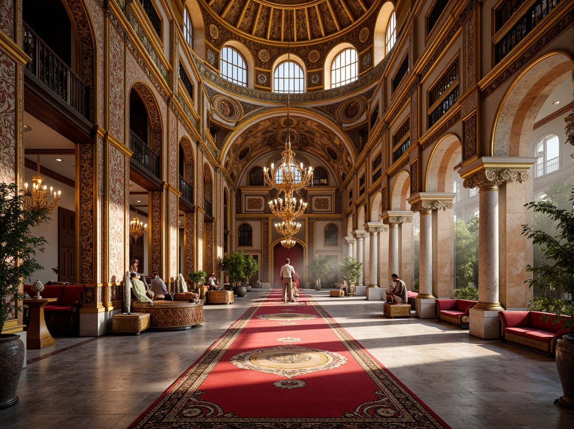 Prompt: Intricate mosaics, golden domes, ornate archways, lavish furnishings, rich textiles, vibrant colors, marble floors, grand chandeliers, high ceilings, ornate columns, intricate carvings, luxurious materials, Byzantine-inspired patterns, regal atmosphere, dramatic lighting, shallow depth of field, 1/1 composition, realistic textures, ambient occlusion.