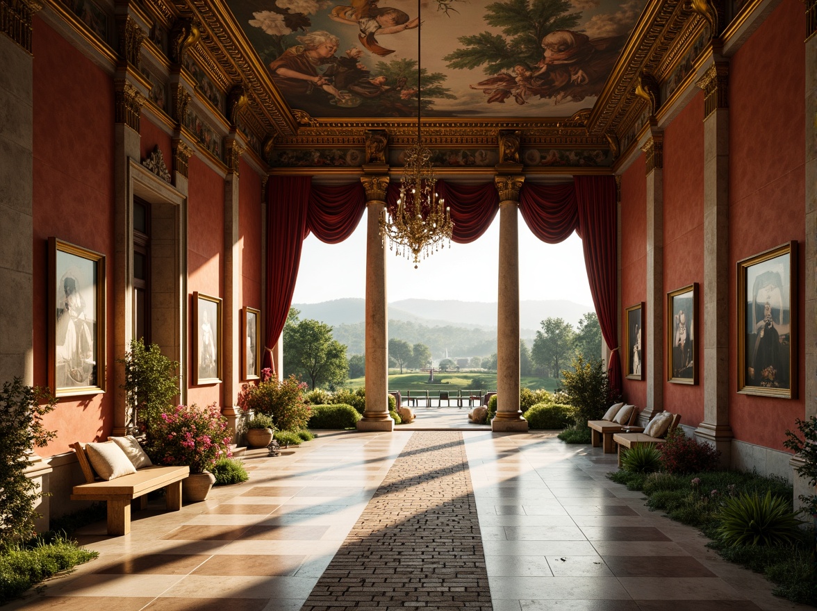 Prompt: Grand Renaissance-style gallery, ornate golden frames, lavish velvet drapes, marble floors, crystal chandeliers, majestic stone columns, intricate fresco ceilings, soft warm lighting, shallow depth of field, 3/4 composition, panoramic view, realistic textures, ambient occlusion, serene natural landscape, rolling hills, lush greenery, vibrant flowers, tranquil lake, misty morning, warm sunlight, gentle breeze, rustic wooden benches, meandering stone pathways.