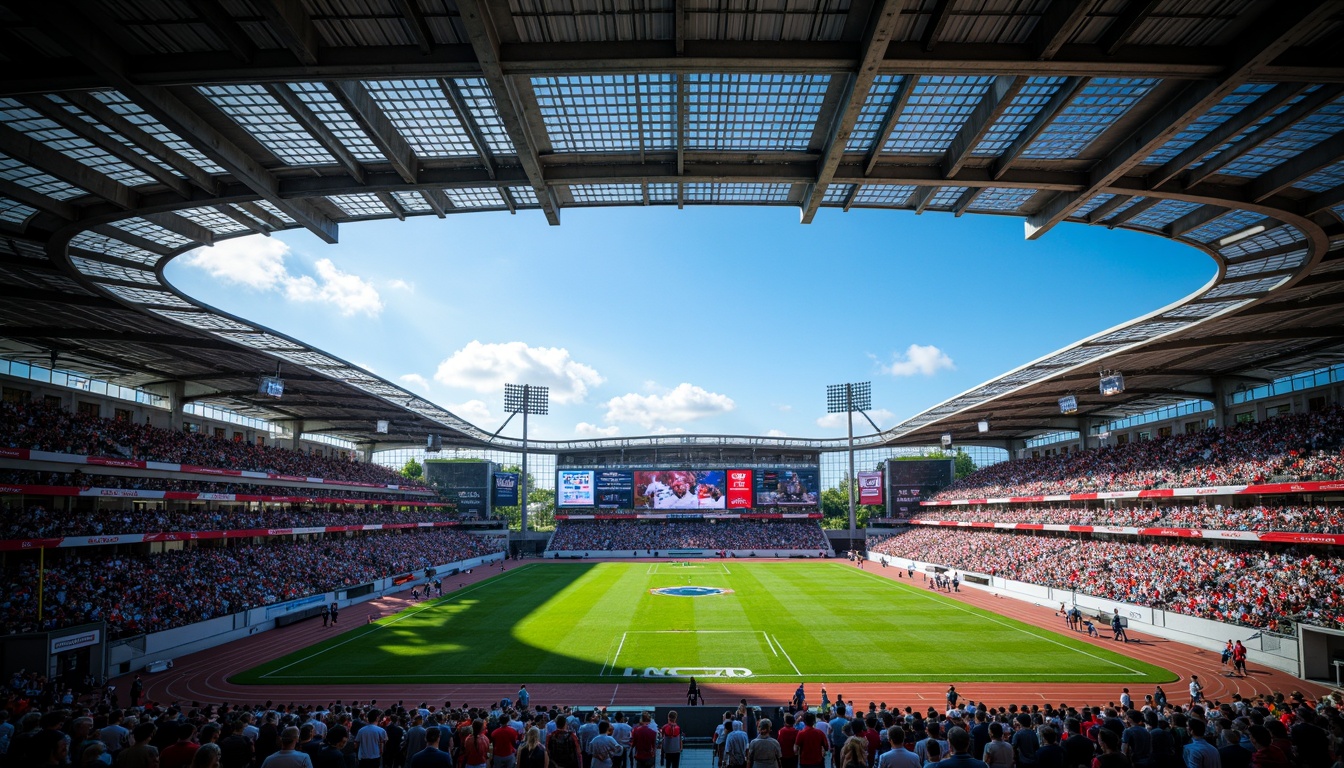 Prompt: Vibrant sports stadium, energetic crowd, bold team colors, dynamic LED lights, sleek modern architecture, angular lines, metallic materials, polished concrete floors, retractable roofs, lush green grass, athletic tracks, scoreboard displays, floodlighting, dramatic shadows, 3/4 composition, panoramic view, realistic textures, ambient occlusion.