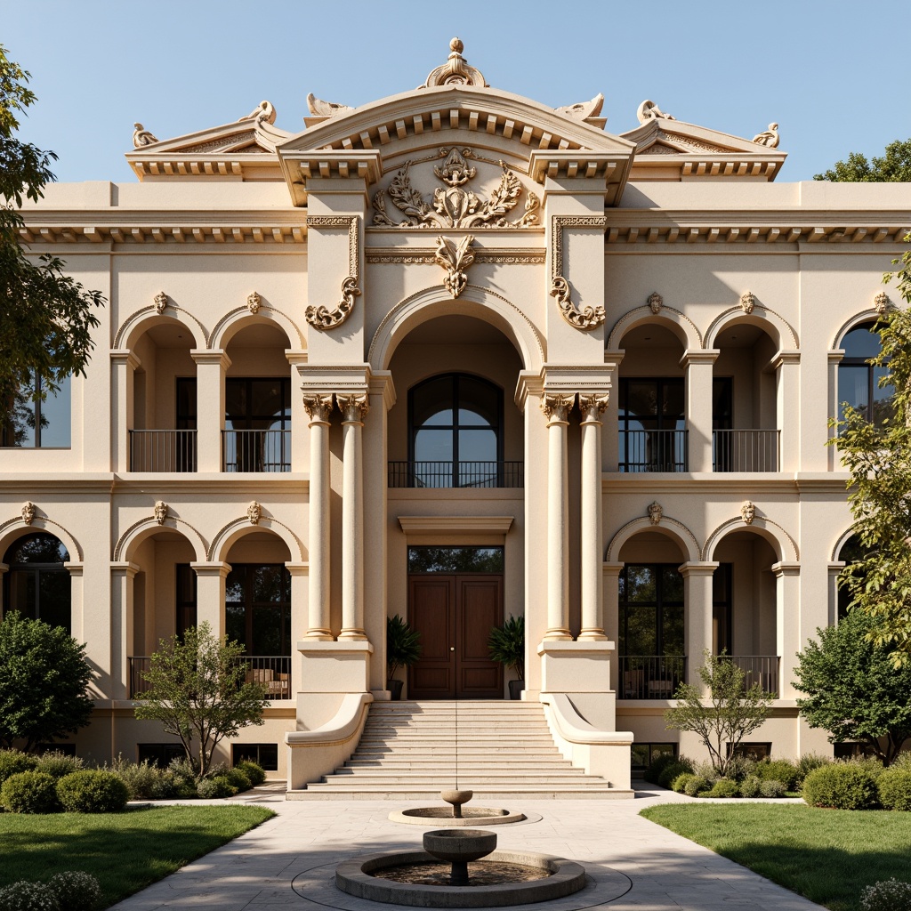 Prompt: Grand museum facade, Renaissance Revival architecture, ornate stone carvings, classical columns, arched windows, grand entrance, sweeping staircases, intricate moldings, gilded details, warm beige stone, soft natural light, subtle shadows, 1/1 composition, symmetrical balance, realistic textures, ambient occlusion, cultural heritage atmosphere, elegant landscaping, manicured lawns, ornamental fountains.