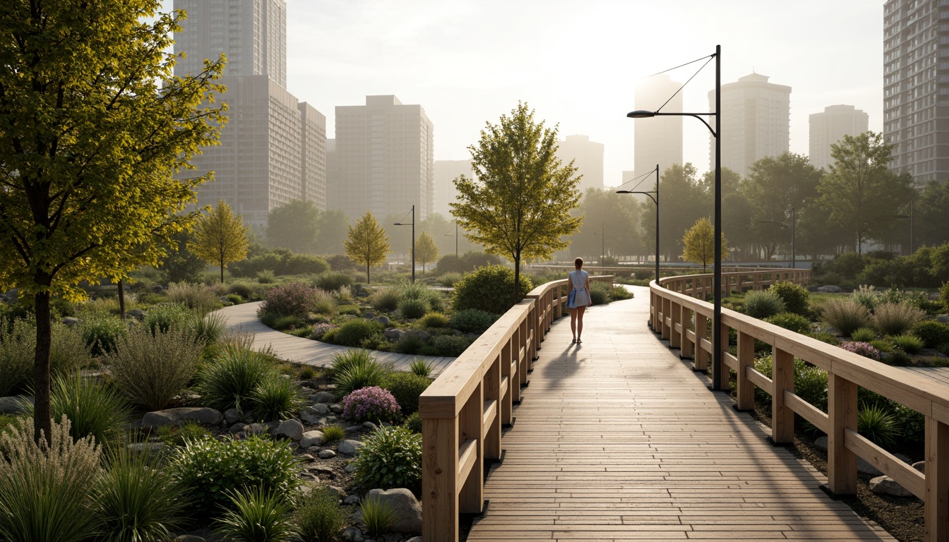 Prompt: Eco-friendly pedestrian bridge, lush greenery, native plants, natural stone piers, wooden railings, solar-powered lighting, energy-harvesting systems, rainwater collection, grey water reuse, recycled materials, low-carbon footprint, minimalist design, curved lines, modern architecture, scenic city views, misty morning atmosphere, soft warm lighting, shallow depth of field, 3/4 composition, panoramic view, realistic textures, ambient occlusion.