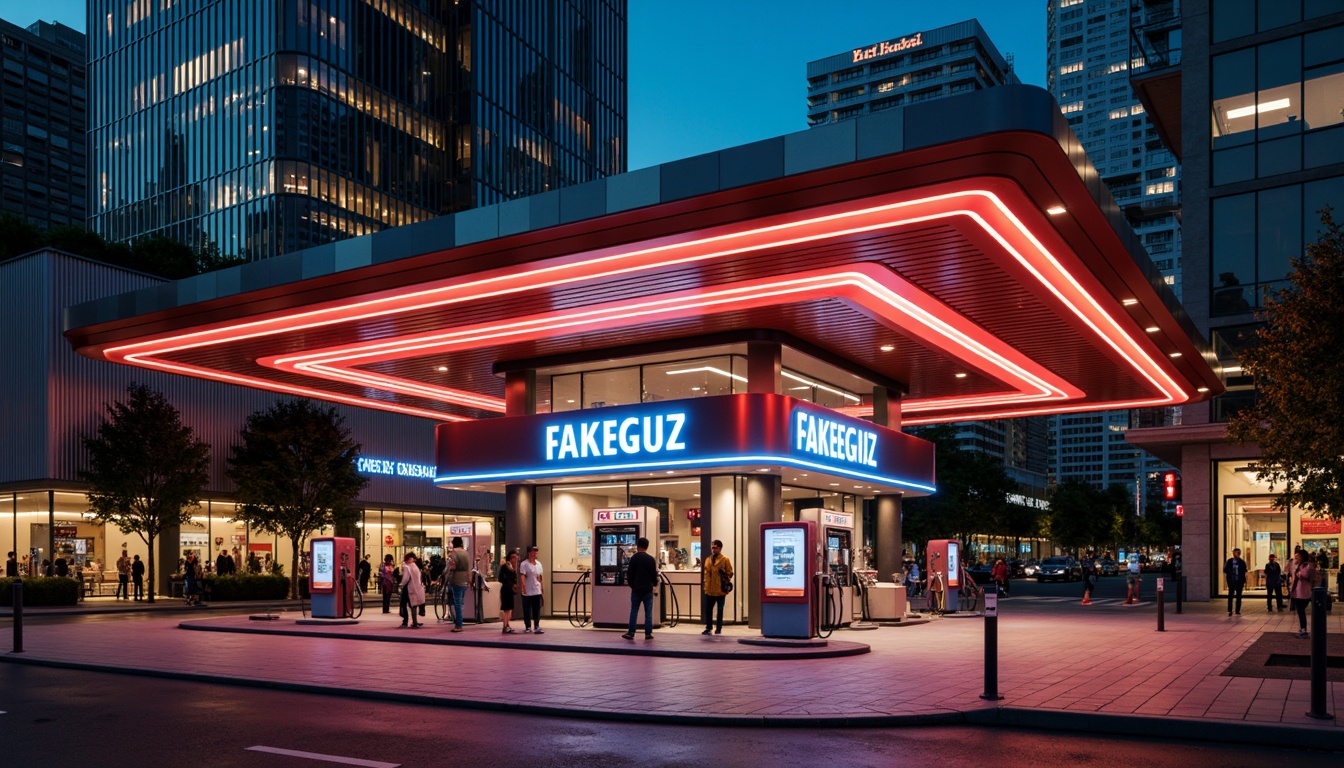 Prompt: Vibrant gas station, neon-lit canopy, bold signage, metallic fuel pumps, sleek modern architecture, reflective glass surfaces, angular lines, industrial-chic design, urban cityscape, bustling streets, night-time ambiance, warm golden lighting, shallow depth of field, 1/1 composition, realistic textures, ambient occlusion.