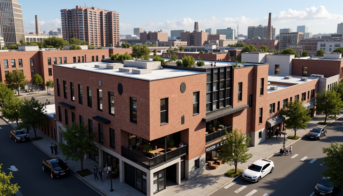 Prompt: Industrial heritage warehouse, exposed brick fa\u00e7ade, metal beams, reclaimed wood accents, urban cityscape, bustling streets, modern skyscrapers, vibrant street art, eclectic mix of old and new, adaptive reuse, converted lofts, trendy cafes, boutique shops, pedestrian-friendly sidewalks, bike lanes, green roofs, solar panels, industrial chic aesthetic, warm atmospheric lighting, shallow depth of field, 2/3 composition, cinematic view, realistic textures, ambient occlusion.