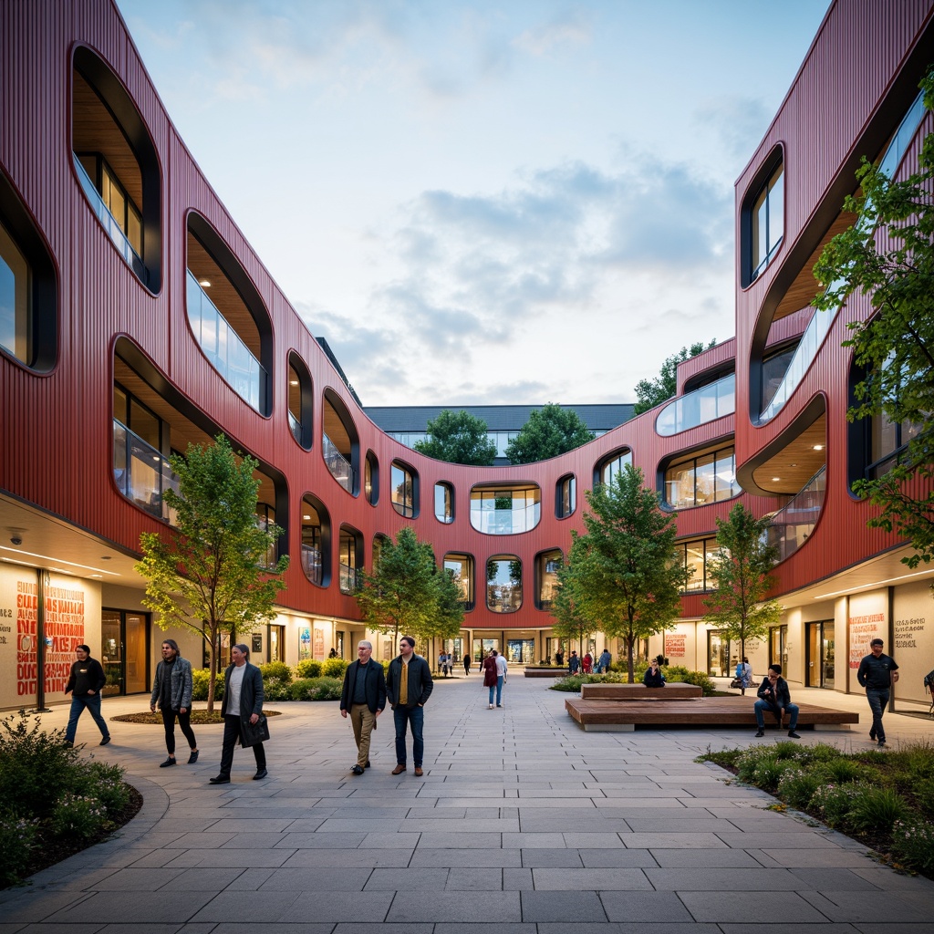 Prompt: Vibrant high school courtyard, fusion architecture, curved lines, dynamic shapes, eco-friendly materials, recycled metal fa\u00e7ade, low-carbon concrete, solar panels, green roofs, living walls, natural ventilation systems, large skylights, clerestory windows, open floor plans, collaborative learning spaces, flexible furniture layouts, colorful accent walls, inspirational quotes, motivational murals, soft warm lighting, shallow depth of field, 3/4 composition, panoramic view, realistic textures, ambient occlusion.