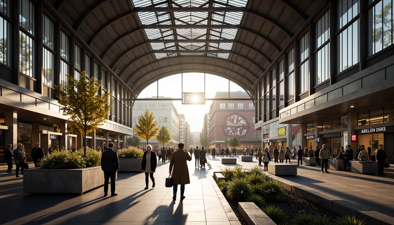 Prompt: Grand train station, high ceilings, large windows, natural light pouring in, steel beams, industrial architecture, modern design, urban atmosphere, busy commuters, rush hour scene, soft warm lighting, shallow depth of field, 1/1 composition, realistic textures, ambient occlusion, glass roofs, skylights, clerestory windows, open spaces, pedestrian walkways, public art installations, urban furniture, greenery, plants, trees.