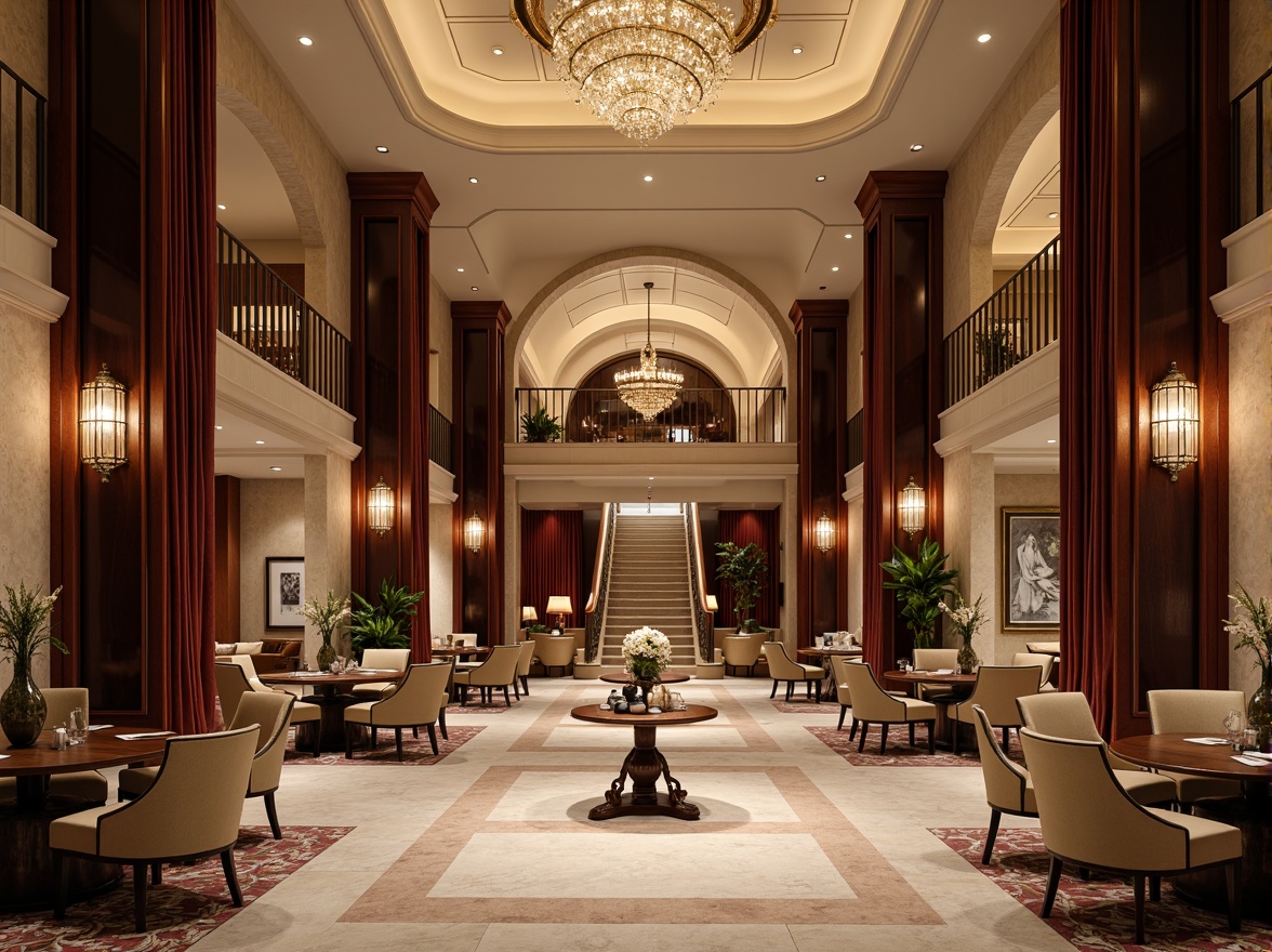 Prompt: Luxurious hotel lobby, rich wood tones, ornate furnishings, velvet drapes, golden accents, crystal chandeliers, marble floors, soft warm lighting, elegant archways, grand staircases, refined classicism style, muted earthy colors, beige walls, cream ceilings, dark wood paneling, subtle patterned carpets, sophisticated ambiance, warm inviting atmosphere, 1/1 composition, shallow depth of field, realistic textures.