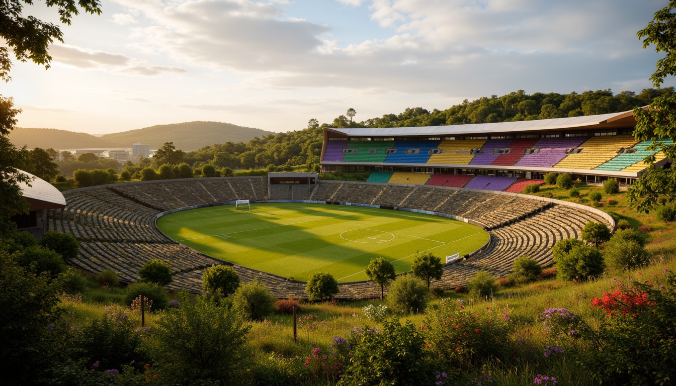 Prompt: Savanna landscape, lush green grass, scattered acacia trees, rolling hills, natural stone terracing, rustic wooden fences, soccer stadium architecture, curved grandstands, vibrant team colors, floodlighting, evening atmosphere, warm golden lighting, shallow depth of field, 3/4 composition, panoramic view, realistic textures, ambient occlusion, tropical plants, exotic flowers, meandering pathways, organic shapes, earthy tones, natural materials, eco-friendly design.