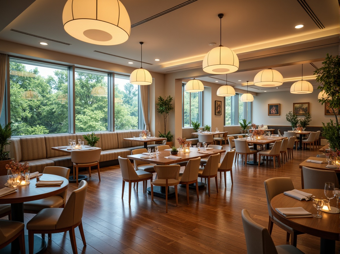 Prompt: Spacious dining hall, elegant chandeliers, polished wooden floors, comfortable seating areas, rectangular tables, upholstered chairs, decorative centerpieces, warm ambient lighting, soft cream colors, modern minimalist decor, floor-to-ceiling windows, natural daylight, lush greenery views, subtle textures, 1/2 composition, shallow depth of field, realistic reflections.