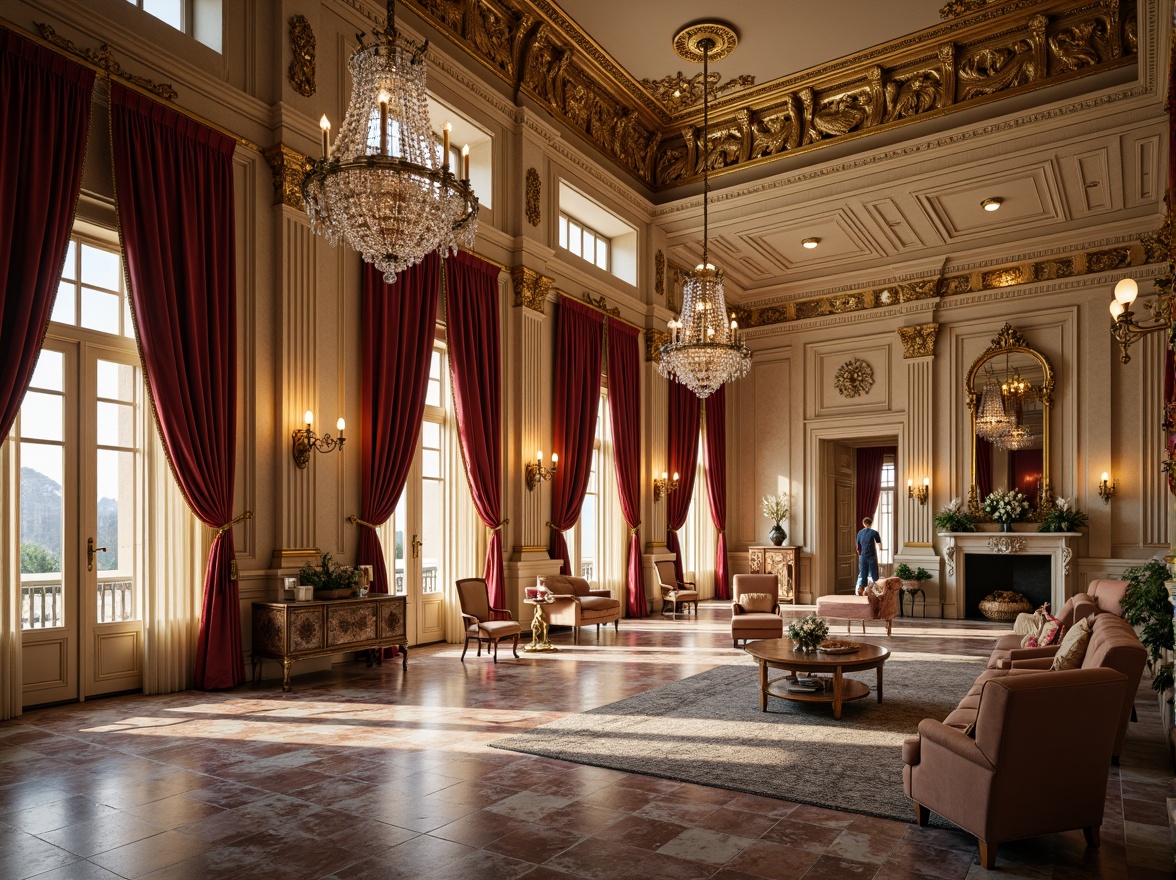 Prompt: Grandiose Baroque palace, beige stone fa\u00e7ade, ornate golden details, intricate marble patterns, lavish furnishings, opulent chandeliers, rich velvet drapes, warm candlelight, soft focus, shallow depth of field, 1/2 composition, symmetrical framing, dramatic lighting, realistic textures, ambient occlusion.