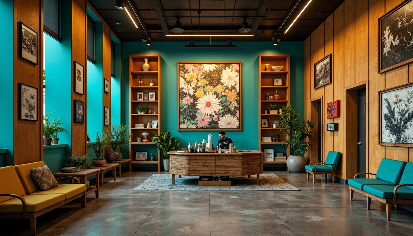 Prompt: Vibrant clinic, bold turquoise accents, warm beige walls, rich wood tones, eclectic art pieces, ornate metal fixtures, distressed finishes, abstract patterns, moody lighting, dramatic shadows, cinematic composition, 1/2 camera angle, high contrast ratio, gritty textures, ambient occlusion.