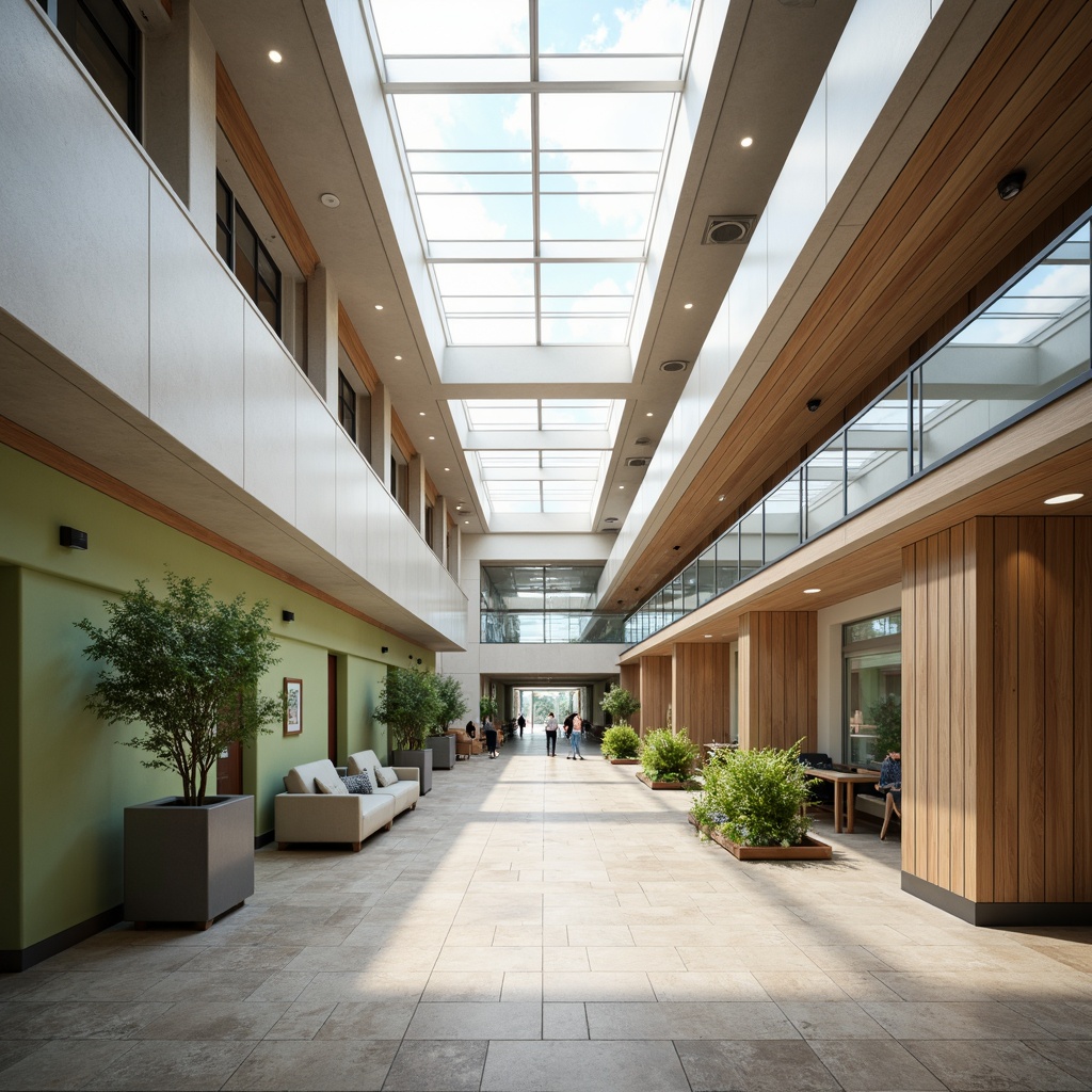 Prompt: Spacious hospital corridors, large windows, clerestory lighting, skylights, solar tubes, natural stone floors, warm wood accents, calming color schemes, minimalist decor, open waiting areas, comfortable seating, green walls, living plants, soft diffused light, indirect illumination, 1/1 composition, shallow depth of field, realistic textures, ambient occlusion.