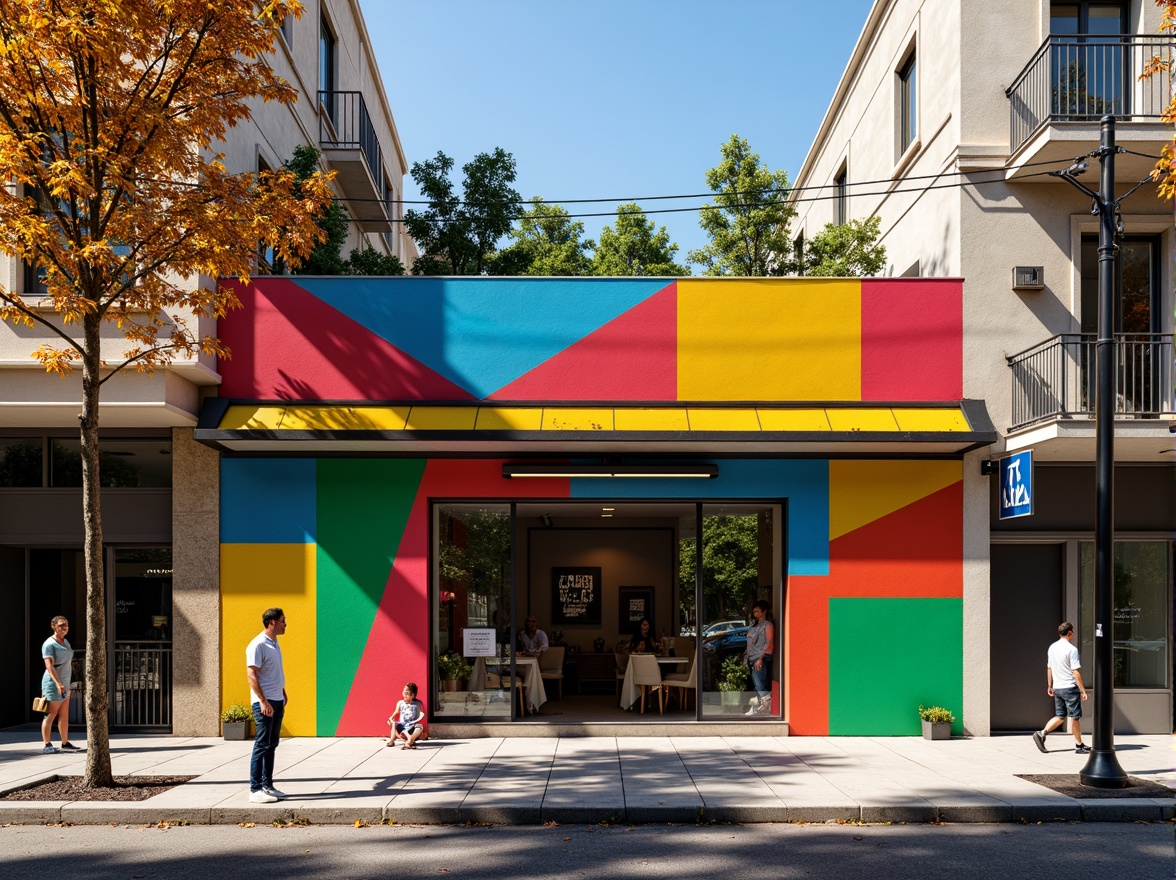 Prompt: Vibrant storefront, expressive asymmetrical facade, bold geometric shapes, bright primary colors, abstract patterns, dynamic angular lines, irregular forms, eclectic mix of materials, industrial metal accents, reclaimed wood textures, urban cityscape, bustling streets, pedestrian traffic, morning sunlight, high-contrast shadows, dramatic spotlighting, 1/2 composition, low-angle shot, gritty realistic rendering.