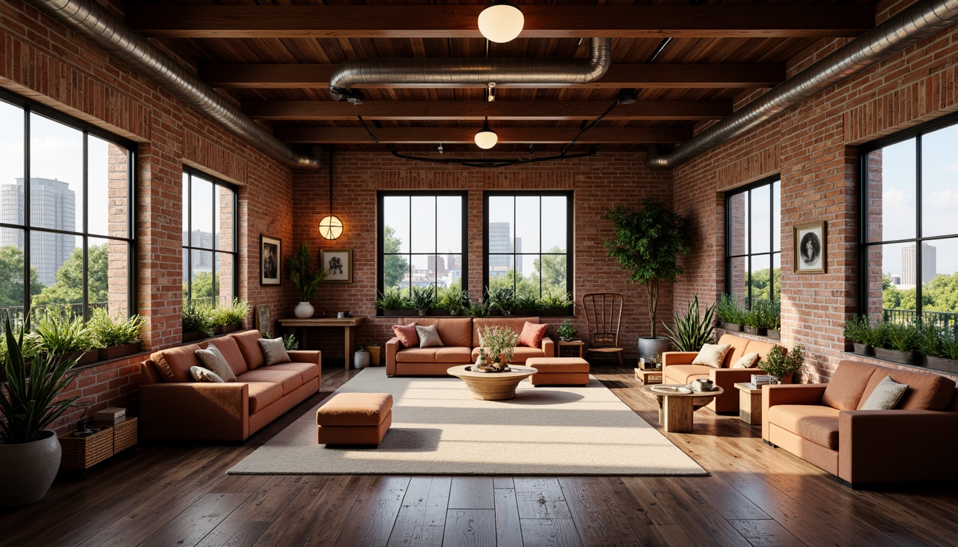 Prompt: Exposed brick walls, wooden beam ceilings, industrial metal pipes, reclaimed wood floors, vintage decorative items, soft warm lighting, cozy reading nooks, plush velvet sofas, distressed leather armchairs, eclectic art collections, lush greenery, natural stone accents, minimalist decor, open floor plans, high ceilings, large windows, cityscape views, urban landscape, romantic ambiance, warm color palette, rustic textures, shallow depth of field, 1/1 composition, panoramic view, realistic renderings, ambient occlusion.