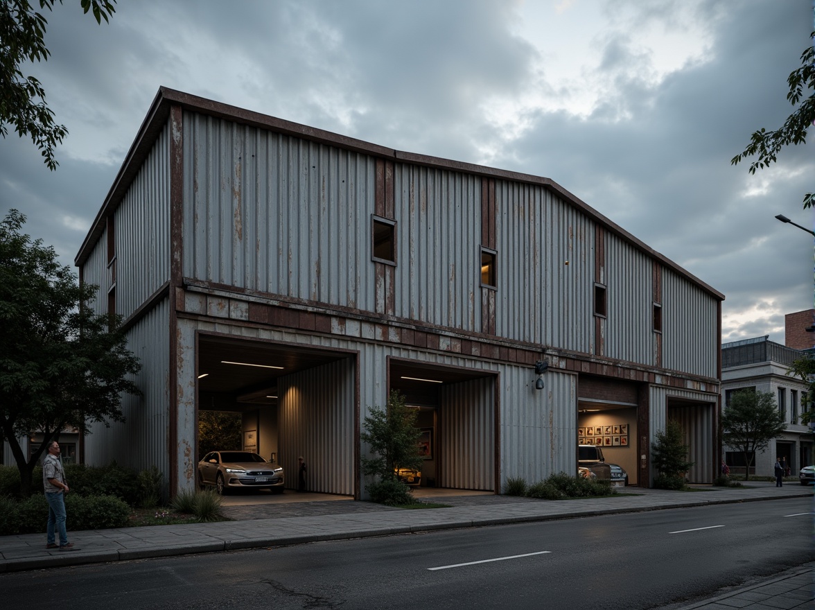 Prompt: Industrial warehouse, galvanized steel structure, corrugated metal sheets, rustic aesthetic, distressed finishes, urban landscape, cloudy sky, dramatic lighting, high contrast, shallow depth of field, 1/2 composition, realistic textures, ambient occlusion.