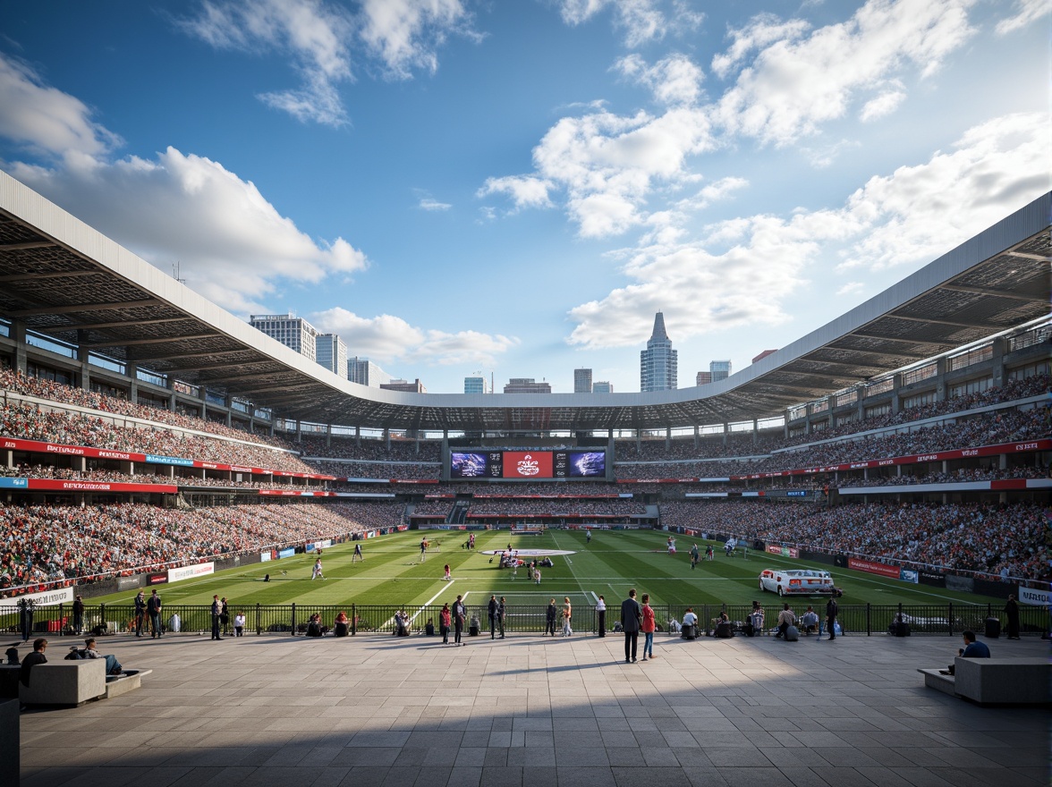 Prompt: Modern stadium architecture, perforated metal panels, sleek curved lines, cantilevered roofs, vibrant LED lighting, bustling crowd atmosphere, urban cityscape backdrop, sunny day with fluffy clouds, shallow depth of field, 1/2 composition, realistic reflections, ambient occlusion, natural stone flooring, polished concrete walls, dynamic sports equipment, athletic tracks, goalposts, scoreboards, spectator seating areas, VIP lounges, concession stands, modern amenities, sustainable building materials, energy-efficient systems.