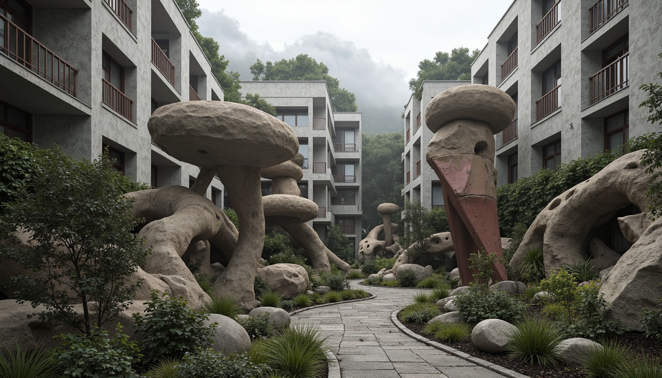 Prompt: Fragmented rocky formations, irregular stone walls, abstract sculptures, meandering pathways, overgrown vegetation, distressed metal accents, fractured concrete surfaces, dynamic angular lines, unconventional building forms, cantilevered structures, asymmetrical compositions, bold color contrasts, dramatic lighting effects, misty atmospheric conditions, shallow depth of field, 1/2 composition, wide-angle lens, high-contrast rendering, intricate texture details.