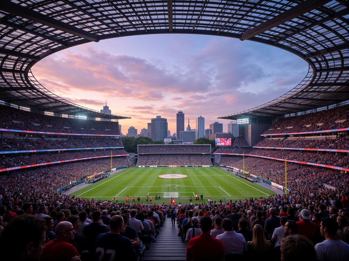 Prompt: Vibrant stadium atmosphere, energetic crowd, dynamic sports lighting, bold team colors, contrasting shades, gradient effects, metallic accents, sleek modern architecture, curved lines, geometric patterns, urban landscape, city skyline, evening sunset, warm golden hour, soft ambient glow, 1/2 composition, shallow depth of field, realistic textures, ambient occlusion.