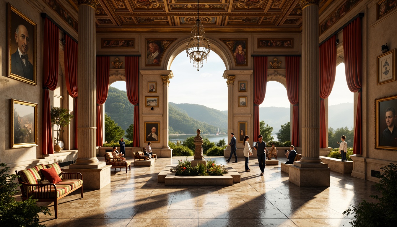 Prompt: Grand Renaissance-style gallery, ornate golden frames, lavish velvet drapes, marble floors, crystal chandeliers, majestic stone columns, intricate fresco ceilings, soft warm lighting, shallow depth of field, 3/4 composition, panoramic view, realistic textures, ambient occlusion, serene natural landscape, rolling hills, lush greenery, vibrant flowers, tranquil lake, misty morning, warm sunlight, gentle breeze, rustic wooden benches, meandering stone pathways.