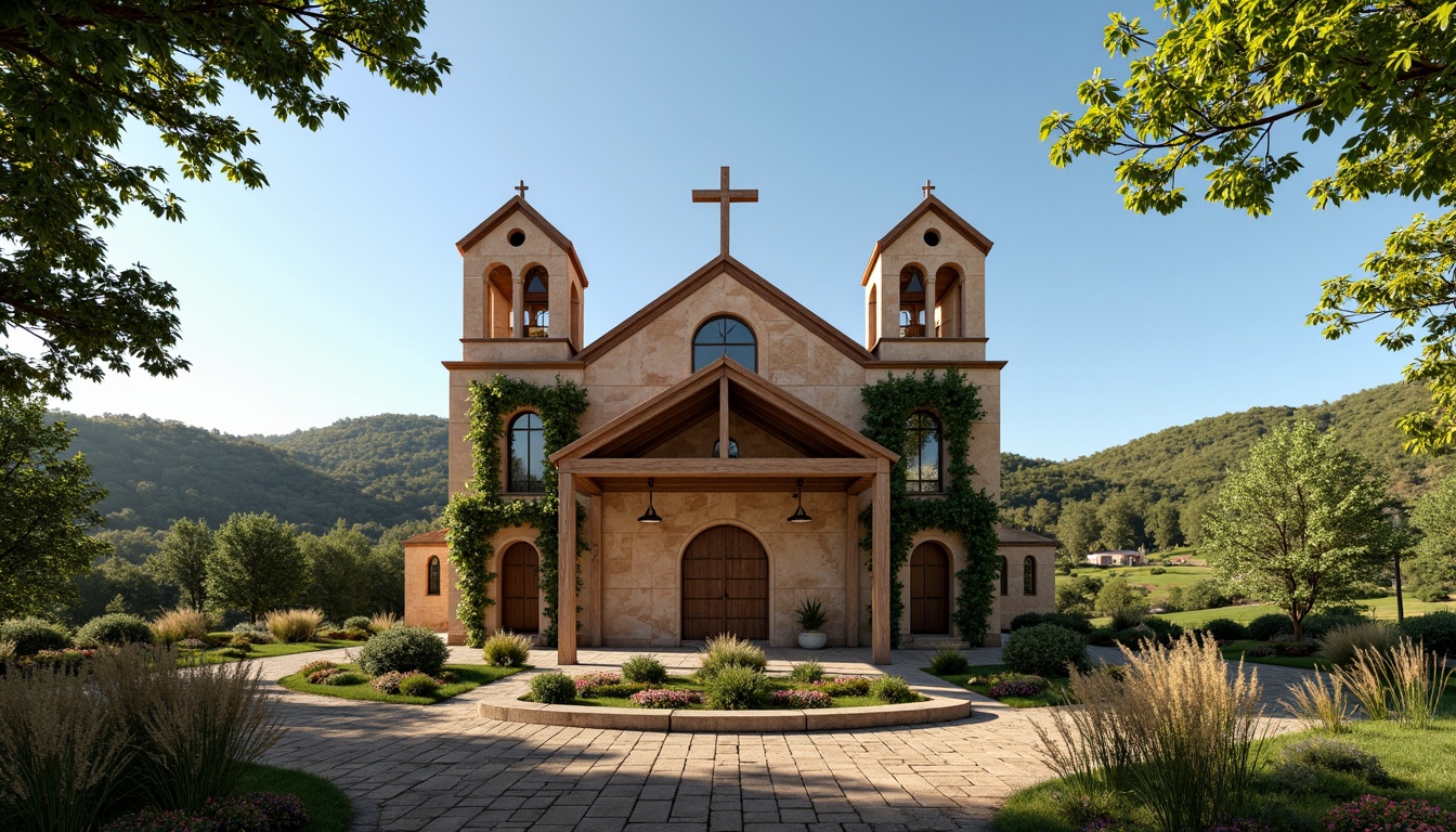 Prompt: Rustic rural church, wooden cross, stone foundation, earthy tones, natural textures, weathered wood accents, stained glass windows, arched doorways, bell towers, ivy-covered walls, lush green surroundings, rolling hills, serene countryside, warm sunlight, soft shadows, 1/2 composition, symmetrical framing, realistic materials, ambient occlusion.