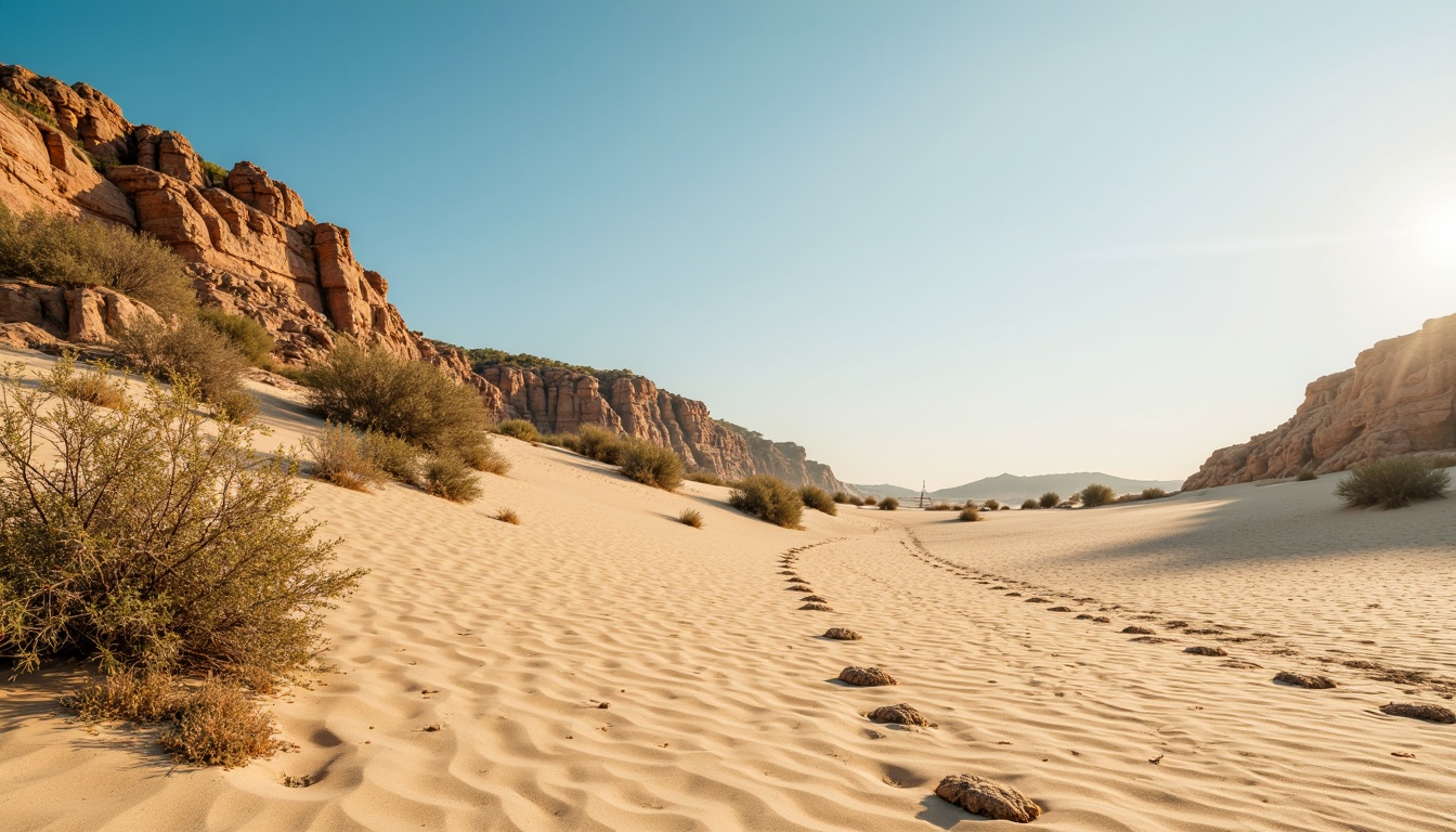 Prompt: Warm beige sand, coarse granular texture, natural earthy tone, desert landscape, sandy dunes, cactus plants, hot sunny day, clear blue sky, vast open space, organic formations, intricate patterns, weathered rocks, driftwood, beachy atmosphere, soft warm lighting, shallow depth of field, 3/4 composition, panoramic view, realistic textures, ambient occlusion.