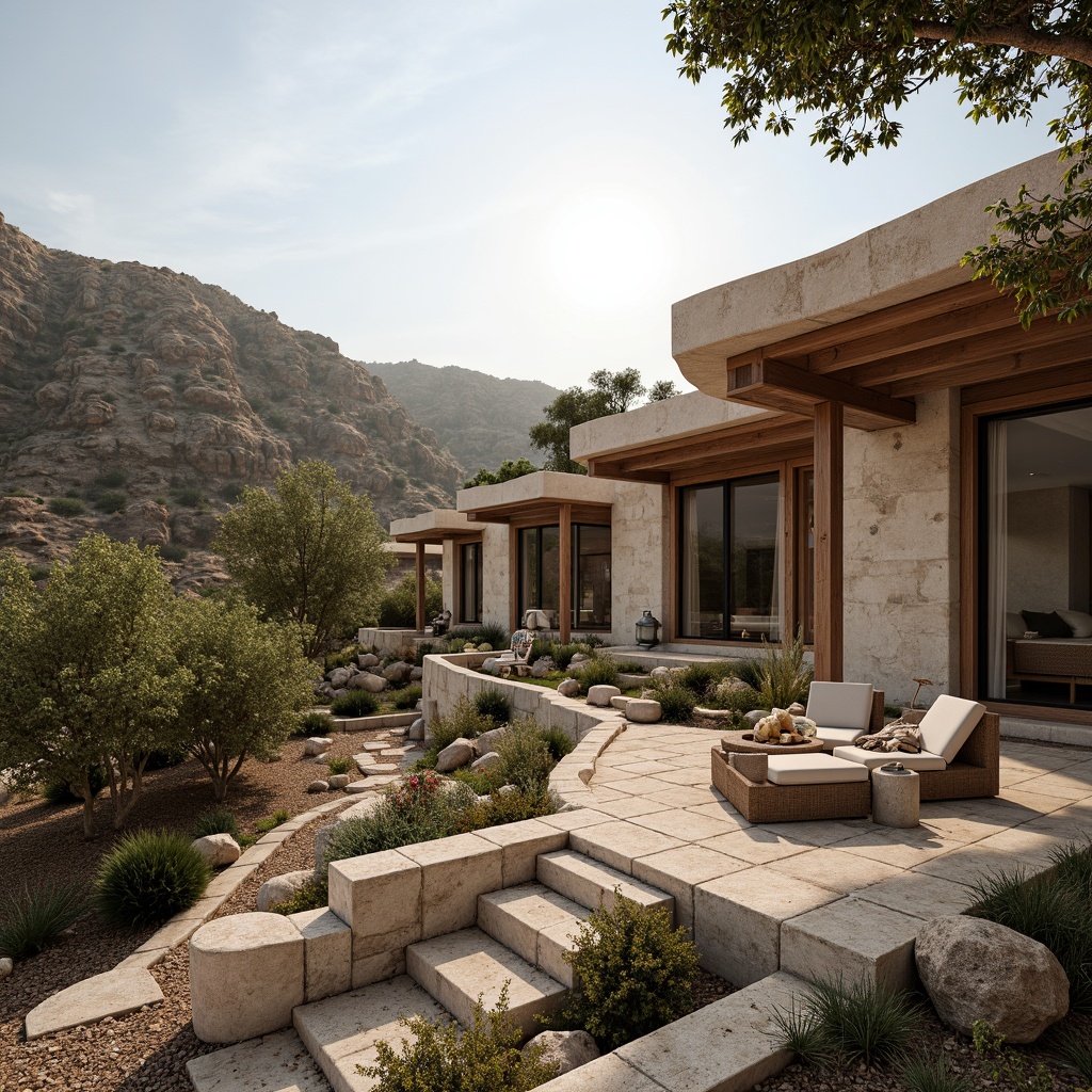 Prompt: Rustic hillside, natural stone walls, earthy tones, organic curves, cantilevered roofs, large overhangs, wooden accents, steel beams, minimalist decor, floor-to-ceiling windows, sliding glass doors, panoramic views, surrounding landscape, native vegetation, winding pathways, outdoor seating areas, soft warm lighting, shallow depth of field, 3/4 composition, realistic textures, ambient occlusion.