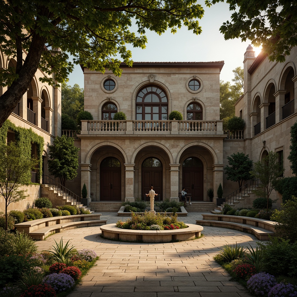 Prompt: Rustic stone amphitheater, Romanesque arches, ornate carvings, grand entrance gates, weathered stone walls, moss-covered steps, lush greenery, vibrant flowers, natural stone seating, curved rows of benches, dramatic spotlights, warm golden lighting, shallow depth of field, 1/2 composition, symmetrical framing, realistic textures, ambient occlusion.