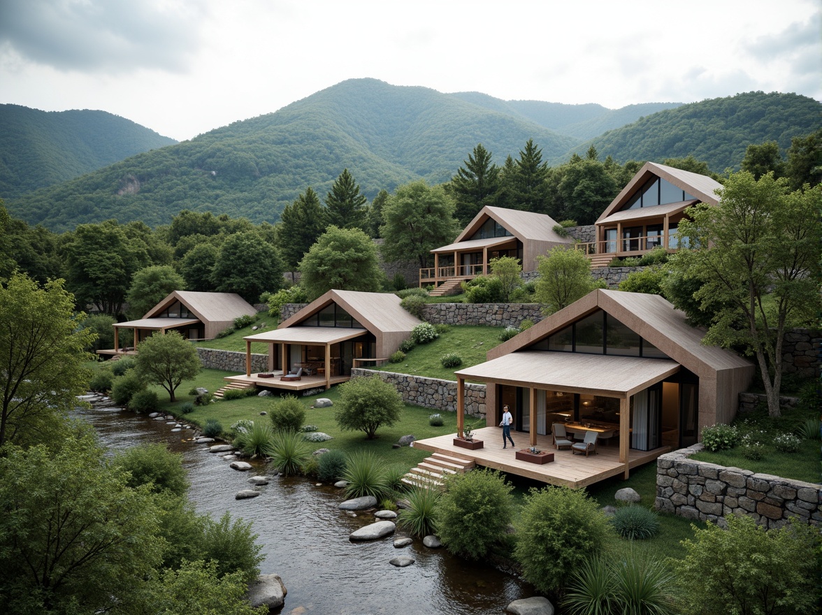 Prompt: Mountainous backdrop, rolling hills, lush green forests, meandering streams, rustic stone walls, modern housing structures, angular rooflines, large windows, sliding glass doors, wooden decks, outdoor living spaces, natural ventilation systems, energy-efficient designs, sustainable building materials, organic forms, curved lines, minimalist aesthetics, warm earthy tones, soft diffused lighting, shallow depth of field, 2/3 composition, panoramic view, realistic textures, ambient occlusion.