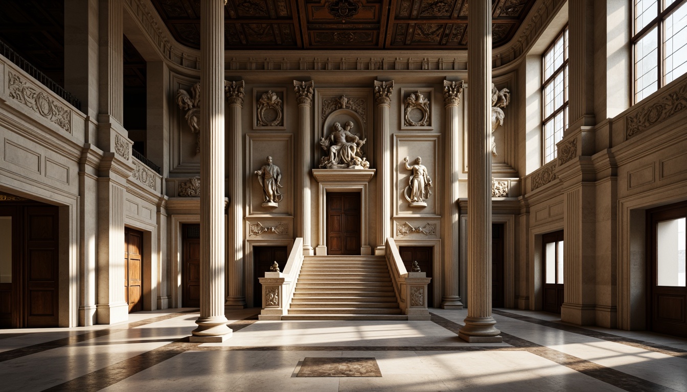 Prompt: Grand courthouse building, neoclassical facade, ornate columns, symmetrical architecture, rusticated stone walls, grand staircase, high ceilings, marble floors, wooden paneling, intricate moldings, classical sculptures, solemn atmosphere, natural light pouring in, dramatic shadows, 1/1 composition, low-angle shot, realistic textures, ambient occlusion.