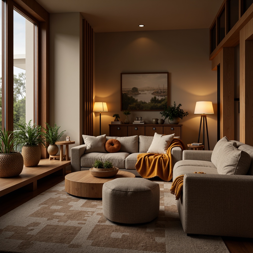 Prompt: Cozy living room, plush sofas, soft cushions, warm throw blankets, natural fiber upholstery, velvet fabrics, subtle sheen, earthy tones, comfortable seating, ergonomic design, ambient lighting, floor lamps, table lamps, warm beige walls, dark wood accents, woven baskets, potted plants, calming atmosphere, relaxing ambiance, soft focus, shallow depth of field, 1/1 composition, realistic textures.