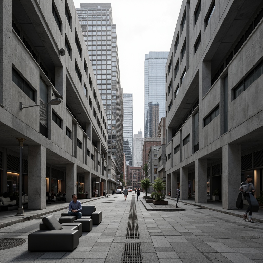 Prompt: Geometric buildings, brutalist architecture, raw concrete textures, industrial materials, minimalist decor, open floor plans, functional spaces, modular furniture, urban cityscape, busy streets, modern skyscrapers, abstract sculptures, monochromatic color scheme, high-contrast lighting, dramatic shadows, 1/1 composition, symmetrical framing, stark contrast, atmospheric perspective.