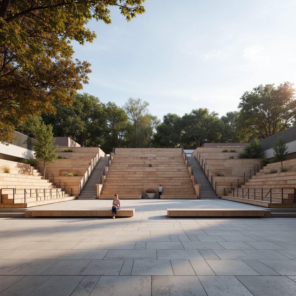 Prompt: Minimalist amphitheater, natural stone seating, sleek metal railings, polished concrete floors, simple wooden benches, subtle LED lighting, open sky above, warm sunny day, soft diffused shadows, shallow depth of field, 1/1 composition, symmetrical architecture, clean lines, monochromatic color scheme, industrial materials, functional design, acoustic considerations, stepped seating arrangement, panoramic view, realistic textures, ambient occlusion.