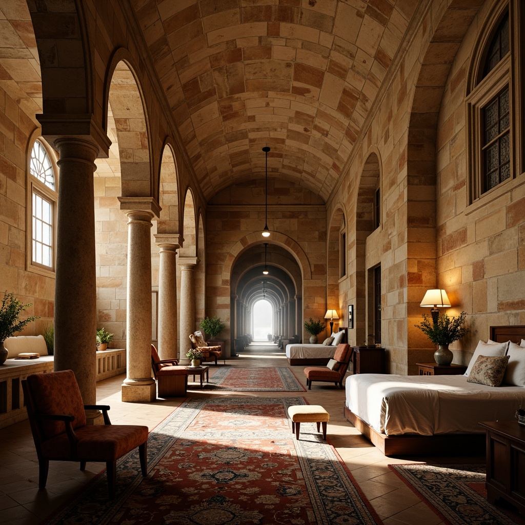 Prompt: Cozy dormitory, rustic archways, Romanesque columns, ornate carvings, warm beige stone walls, vaulted ceilings, grand entrance halls, wooden furniture, plush carpets, soft warm lighting, shallow depth of field, 1/1 composition, intimate atmosphere, realistic textures, ambient occlusion.