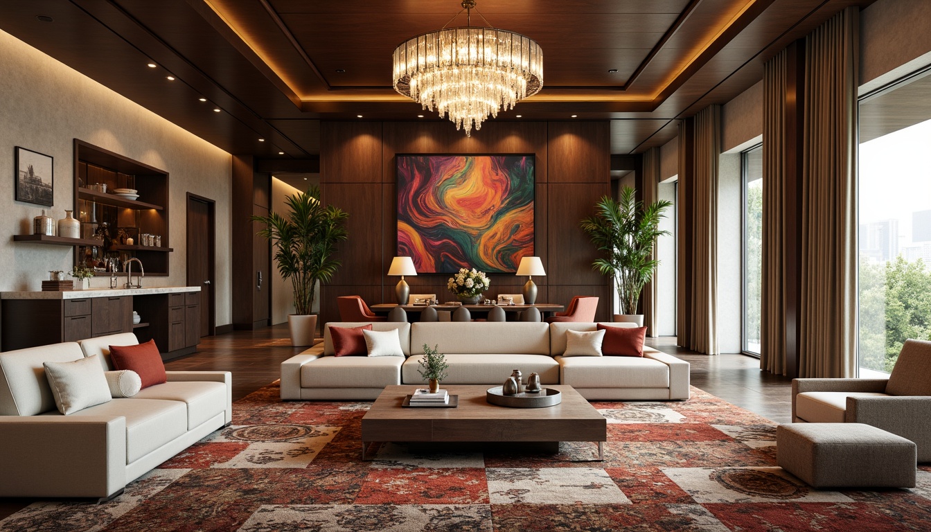 Prompt: Luxurious interior design, bold statement pieces, metallic accents, high-gloss finishes, rich wood tones, velvety soft upholstery, chunky woven textiles, oversized decorative lighting, dramatic floor-to-ceiling drapes, opulent marble countertops, sleek chrome hardware, vibrant colorful artwork, eclectic global-inspired patterns, lavish crystal chandeliers, sumptuous plush area rugs, sophisticated neutral color palette, warm ambient lighting, shallow depth of field, 1/1 composition, realistic textures, ambient occlusion.