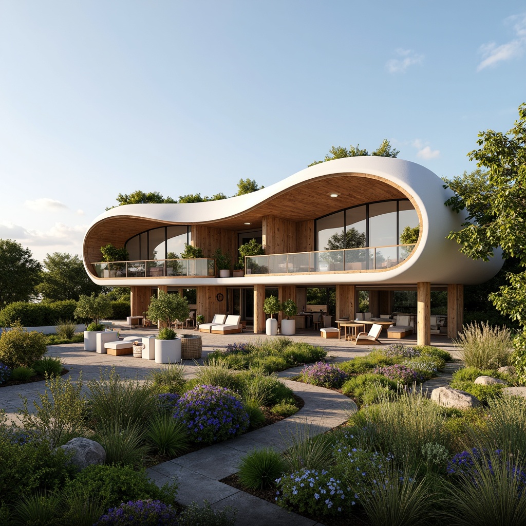 Prompt: Organic villa facade, curved lines, biomimetic forms, natural materials, reclaimed wood, living walls, green roofs, solar panels, wind turbines, water harvesting systems, eco-friendly insulation, large windows, sliding glass doors, panoramic views, soft warm lighting, shallow depth of field, 3/4 composition, realistic textures, ambient occlusion, lush vegetation, blooming flowers, serene atmosphere, sunny day, gentle breeze.