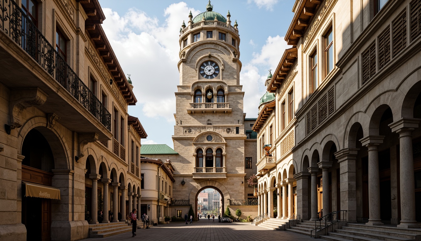 Prompt: Grandiose tower structure, Renaissance Revival style, ornate stone carvings, intricate Gothic arches, majestic clock towers, copper roofing, grand entrance halls, sweeping staircases, ornamental balconies, classical columns, rusticated bases, symmetrical facades, warm golden lighting, dramatic shadows, 1/2 composition, low-angle shot, realistic textures, ambient occlusion.