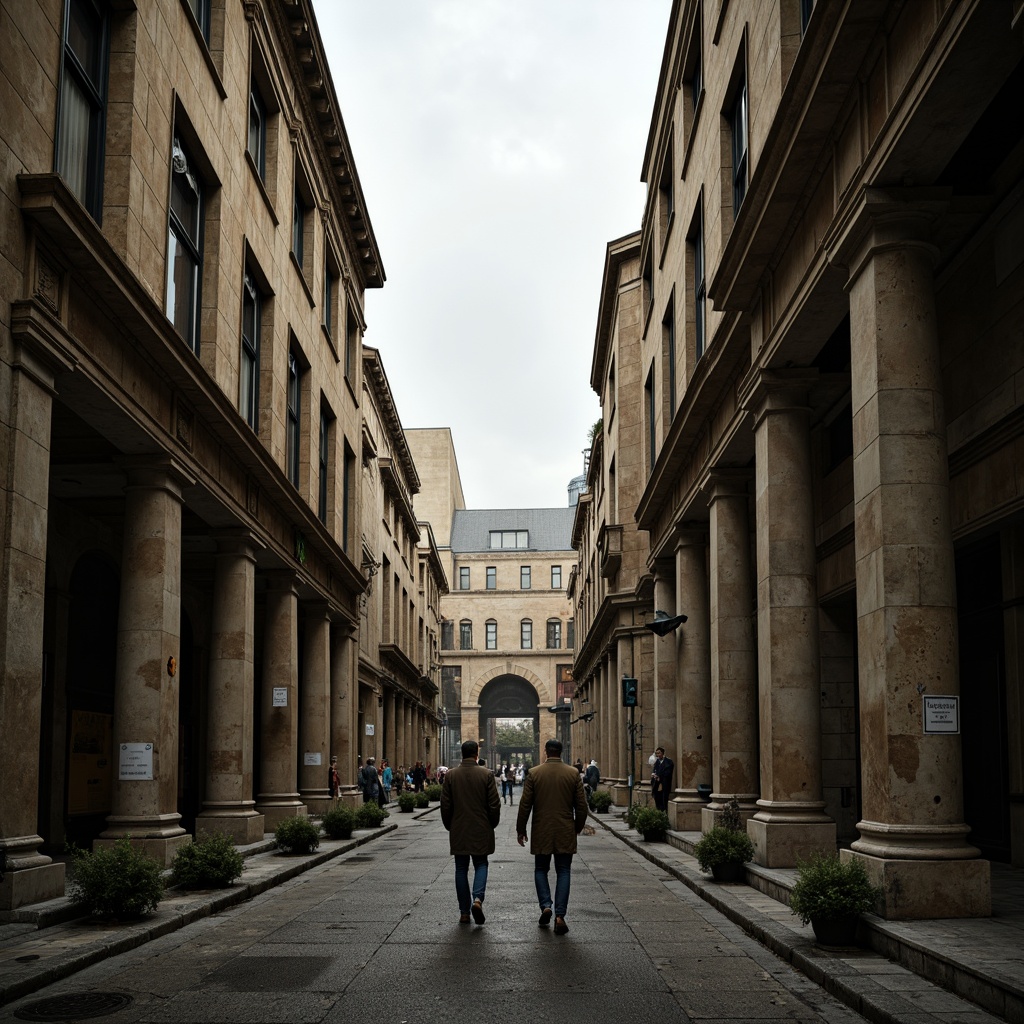 Prompt: Monumental buildings, imposing structures, robust columns, sturdy arches, grand entrances, ornate facades, symmetrical compositions, classical proportions, harmonious massing, balanced forms, natural stone materials, rough-hewn textures, earthy color palette, dramatic lighting effects, deep shadows, atmospheric perspective, 1/2 composition, low-angle view, cinematic mood.