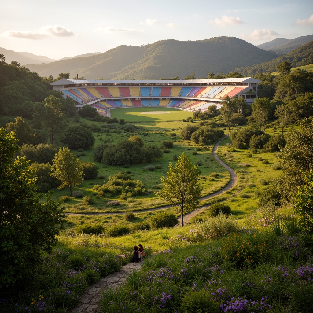 Prompt: Savanna landscape, lush green grass, scattered acacia trees, rolling hills, natural stone terracing, rustic wooden fences, soccer stadium architecture, curved grandstands, vibrant team colors, floodlighting, evening atmosphere, warm golden lighting, shallow depth of field, 3/4 composition, panoramic view, realistic textures, ambient occlusion, tropical plants, exotic flowers, meandering pathways, organic shapes, earthy tones, natural materials, eco-friendly design.