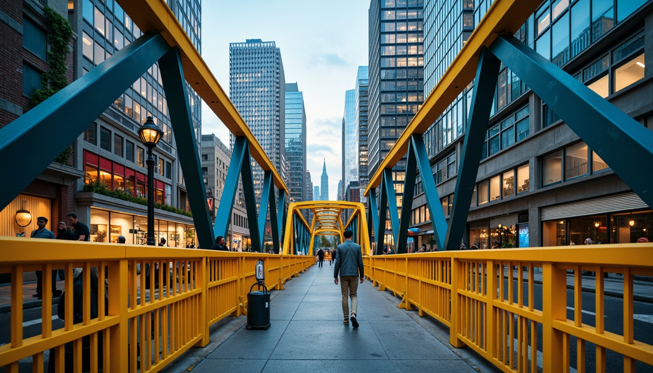 Prompt: Vibrant pedestrian bridge, bold color blocking, bright yellow railings, deep blue accents, neon green highlights, sleek metal beams, industrial textures, urban cityscape, bustling streets, modern skyscrapers, abstract geometric patterns, dynamic lighting effects, warm sunset ambiance, shallow depth of field, 1/1 composition, realistic reflections, ambient occlusion.