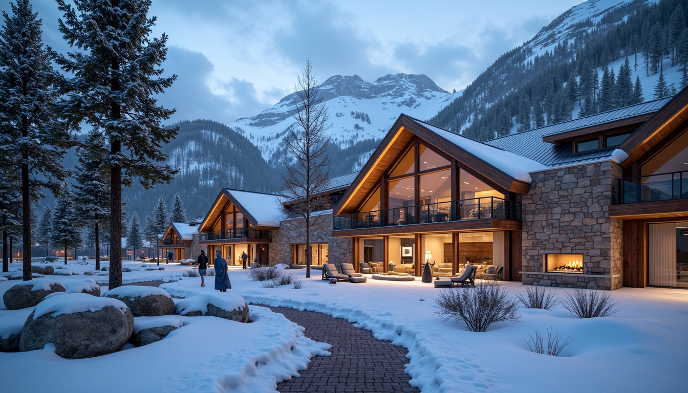 Prompt: Snow-capped mountains, wooden ski lodges, rustic stone walls, warm fireplaces, cozy interior lighting, natural wood textures, rough-hewn timber beams, metal roofing, snowflake patterns, frosty glass surfaces, icy blue tones, powdery snowdrifts, frozen lakes, misty mountain air, soft warm lighting, shallow depth of field, 3/4 composition, panoramic view, realistic textures, ambient occlusion.