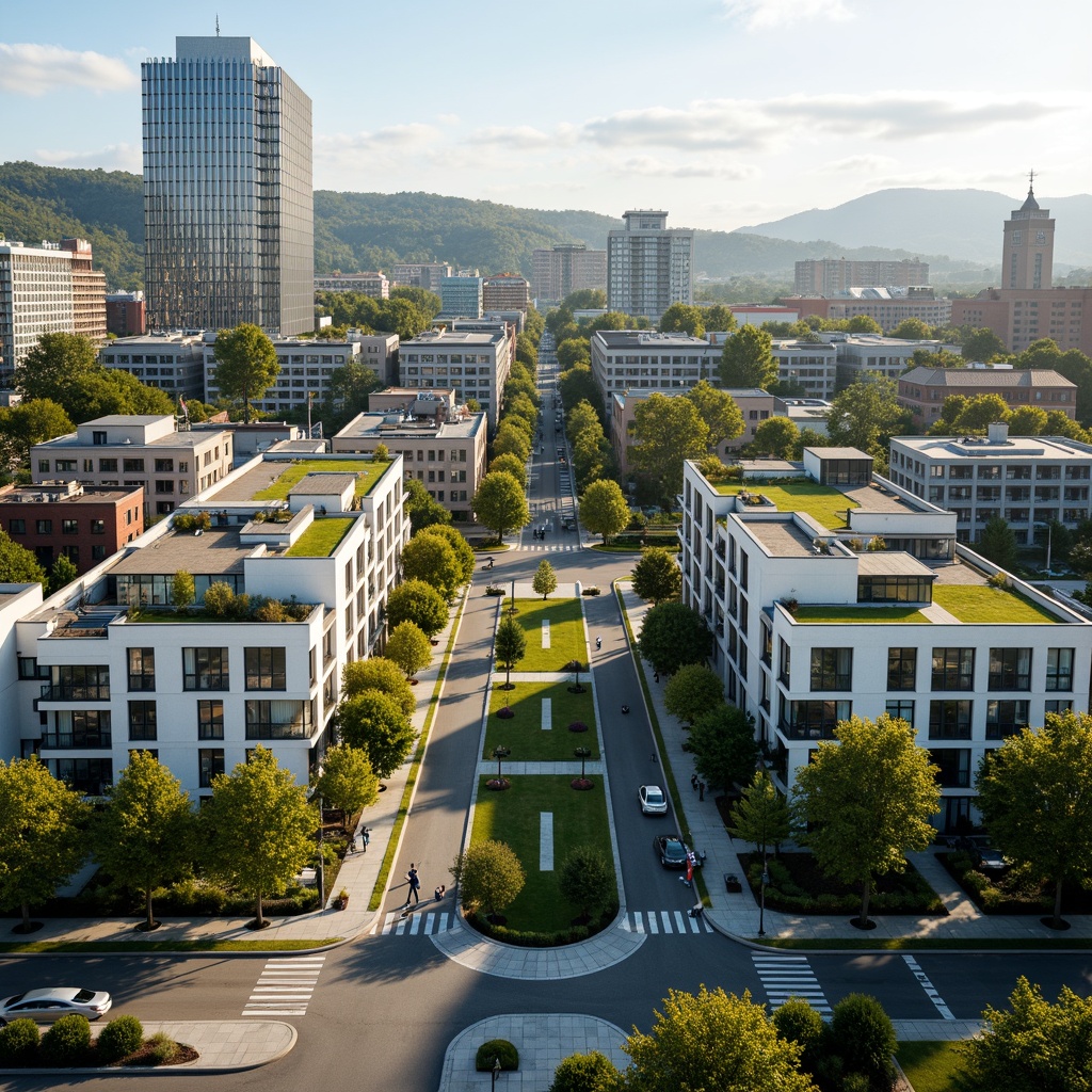 Prompt: Mixed-use development, urban parklands, green roofs, modern apartments, sleek skyscrapers, bustling streets, vibrant street art, pedestrian-friendly sidewalks, bike lanes, public transportation hubs, suburban homes, tree-lined avenues, rolling hills, natural reserves, sunny afternoons, soft warm lighting, shallow depth of field, 3/4 composition, panoramic view, realistic textures, ambient occlusion.