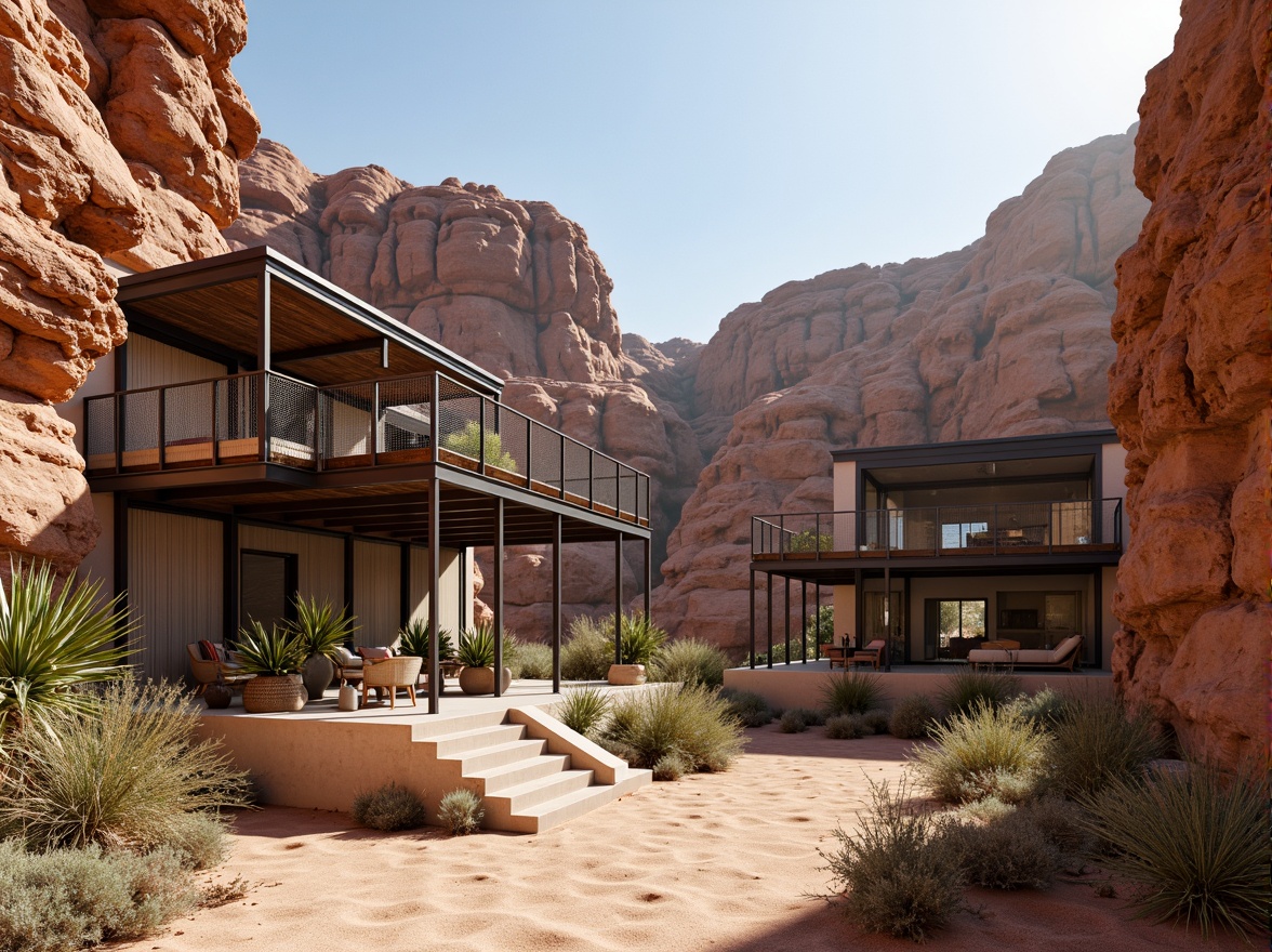 Prompt: Rugged canyon landscape, rust-colored rock formations, modernist architecture, cantilevered buildings, steel frames, glass facades, minimalist design, clean lines, industrial materials, exposed ductwork, polished concrete floors, reclaimed wood accents, metal mesh railings, floor-to-ceiling windows, sliding glass doors, natural ventilation systems, passive solar design, desert flora, succulent plants, sandy terrain, warm sunny day, high contrast lighting, dramatic shadows, 1/1 composition, symmetrical framing, realistic textures, ambient occlusion.