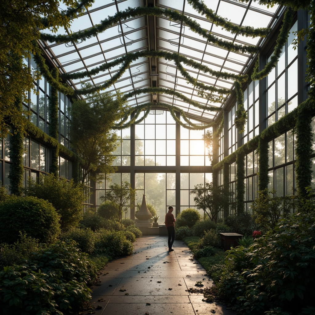 Prompt: Luminous greenhouse, translucent glass surfaces, delicate vines, exotic plants, misty atmosphere, soft natural light, warm ambient glow, intricate metal frameworks, curved lines, organic shapes, earthy tones, moss-covered walls, rustic wooden accents, whimsical decorative elements, dreamy foggy effects, shallow depth of field, 1/1 composition, intimate close-ups, realistic textures, subtle color grading.