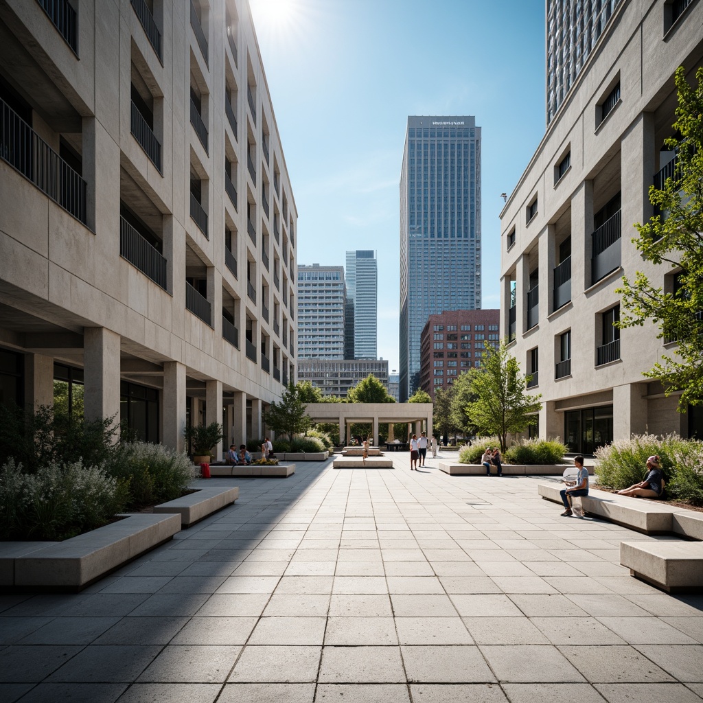 Prompt: Minimalist open plaza, clean lines, rectangular shapes, industrial materials, exposed ductwork, functional simplicity, bold typography, primary color accents, geometric patterns, urban landscape, modern cityscape, sunny day, high contrast lighting, deep depth of field, 1/1 composition, symmetrical framing, abstract textures, ambient occlusion.