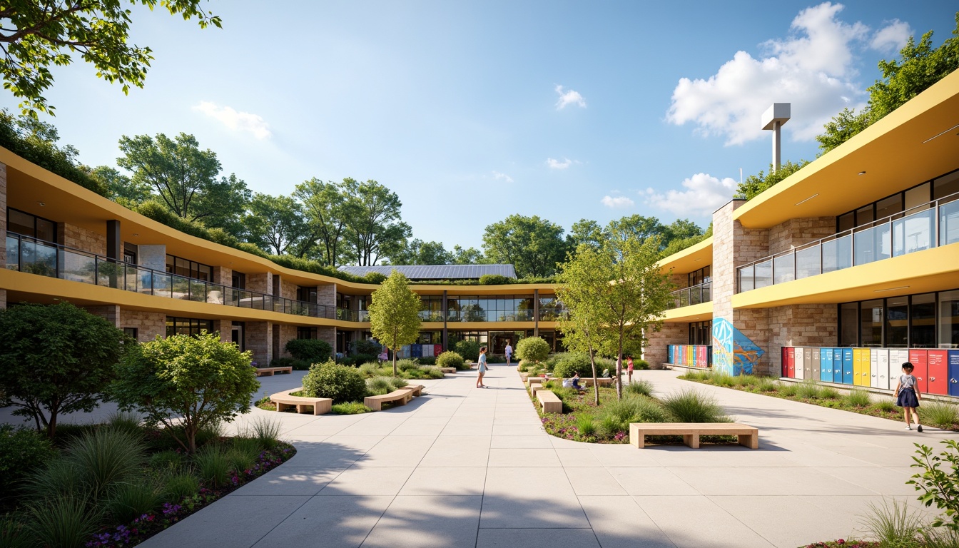 Prompt: Vibrant middle school courtyard, lush green roofs, solar panels, wind turbines, water conservation systems, eco-friendly materials, natural stone walls, curved lines, minimalist design, abundant daylight, soft warm lighting, shallow depth of field, 3/4 composition, panoramic view, realistic textures, ambient occlusion, educational murals, inspirational quotes, colorful lockers, wooden benches, modern furniture, collaborative learning spaces, flexible classrooms, interactive whiteboards, futuristic architecture, sustainable energy solutions.