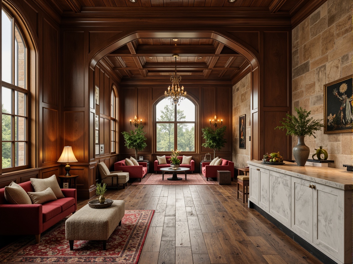 Prompt: Elegant interior space, rich wood accents, luxurious marble countertops, soft warm lighting, plush area rugs, comfortable velvet sofas, natural stone walls, reclaimed wooden floors, metallic decorative fixtures, earthy color palette, organic textures, subtle patterns, harmonious balance, 1/1 composition, shallow depth of field, realistic rendering.