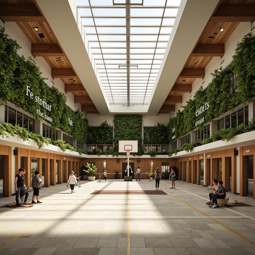 Prompt: Spacious gymnasium interior, high ceilings, clerestory windows, skylights, transparent roof, natural stone flooring, wooden accents, minimalist design, abundant greenery, living walls, vertical gardens, athletic equipment, basketball hoops, volleyball nets, exercise machines, mirrored walls, motivational quotes, soft warm lighting, shallow depth of field, 1/1 composition, panoramic view, realistic textures, ambient occlusion.