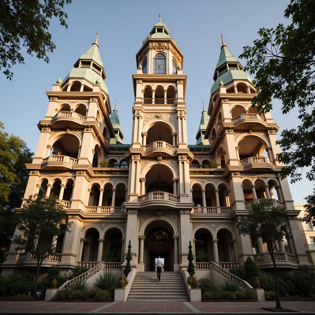 Prompt: Grandiose tower structure, Renaissance Revival style, ornate stone carvings, intricate Gothic arches, majestic clock towers, copper roofing, grand entrance halls, sweeping staircases, ornamental balconies, classical columns, rusticated bases, symmetrical facades, warm golden lighting, dramatic shadows, 1/2 composition, low-angle shot, realistic textures, ambient occlusion.